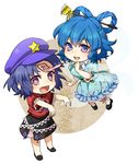  belt blue_eyes blue_hair chibi chinese_clothes dress drill_hair fang fingernails flower hair_ornament hair_rings hair_stick hand_on_own_chin hat kaku_seiga kuronohana leg_ribbon looking_at_viewer miyako_yoshika multiple_girls no_socks ofuda open_mouth outstretched_arms petticoat puffy_short_sleeves puffy_sleeves purple_eyes ribbon short_hair short_sleeves simple_background skirt star touhou zombie_pose 