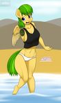  amputee anthro beach blue_eyes breasts cleavage clothed clothing cyborg equine feathers female gold gold_star green_hair hair hi_res hindpaw horse kloudmutt looking_at_viewer mammal missing_arm mountain my_little_pony navel open_mouth panties paws pegasus pony seaside shirt side_boob sky smile solo standing thick_thighs thighs underwear water wide_hips wings yellow_feathers yellow_skin 