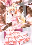  animal_ears blonde_hair blue_eyes blush bow breasts covered_nipples dress elbow_gloves fox_ears fox_tail gloves hair_bow highres kasumi_toshizou long_hair medium_breasts original ponytail sitting smile solo tail takataka very_long_hair 