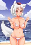  animal_ears bad_id bad_pixiv_id beach bikini blue_sky blush breast_squeeze breasts cleavage cloud collarbone day hat inubashiri_momiji kisaragi_nana large_breasts micro_bikini navel ocean off_shoulder outdoors pink_eyes silver_hair sky solo strap_pull sweat swimsuit tail tokin_hat touhou white_bikini wolf_ears wolf_tail 