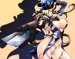  aqua_eyes blonde_hair breasts cleavage detached_sleeves eyepatch gun haganef handgun hat large_breasts light_smile long_hair navel original pink_legwear pistol shadow solo thighhighs very_long_hair weapon 