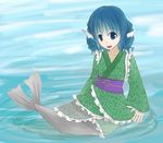  absurd_res blue_eyes blue_hair blush clothing female fish hair hi_res japanese_clothing kimono looking_at_viewer marine mermaid open_mouth seal short_hair tongue unknown_species walrus water 