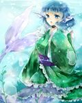  air_bubble blue_eyes blue_hair bubble head_fins japanese_clothes mermaid monster_girl open_mouth ougi_(u_to4410) short_hair solo touhou underwater wakasagihime 