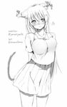  animal_ears arms_behind_back blush breasts cat_ears cat_tail greyscale heart hrk173 large_breasts long_hair monochrome original simple_background skirt smile solo tail very_long_hair white_background 