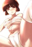  bangs blunt_bangs blush breasts brown_hair embarrassed fundoshi isabeau_(smt) japanese_clothes large_breasts lips naso4 red_eyes sarashi shin_megami_tensei shin_megami_tensei_iv short_hair solo spread_legs thighhighs underboob underwear underwear_only white_legwear 