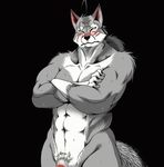  animated anthro biceps big_muscles black_nose blush canine crossed_arms flaccid fur grey_fur hair male mammal morenatsu muscles nipples nude pecs penis pose pubes scar solo standing ten_kodori unknown_artist wolf yellow_eyes 