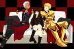  archer armor black_serafuku blonde_hair brown_eyes brown_hair chabotaro couch dark_skin fate/extra fate/extra_ccc fate_(series) gilgamesh hair_slicked_back kishinami_hakuno_(female) long_hair red_eyes school_uniform serafuku tsukumihara_academy_uniform_(fate/extra_ccc) white_hair 