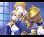  ahoge armor artoria_pendragon_(all) bad_id bad_pixiv_id blonde_hair dress enisi_sakura fate/zero fate_(series) gilgamesh green_eyes hair_ribbon hair_slicked_back letterboxed red_eyes ribbon saber sword weapon 