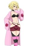  :p black_legwear blonde_hair breasts chain cleavage collar groin hakama_pants medium_breasts mitsuki_(mushibugyou) mushibugyou navel pink_legwear red_eyes ribonzu robe short_hair simple_background solo striped striped_legwear thighhighs tongue tongue_out white_background 