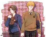  bag blazer blonde_hair blue_eyes blush bookbag brown_hair fate/zero fate_(series) gilgamesh hachi_(gaoo) jacket md5_mismatch multiple_boys necktie red_eyes short_hair sweater toosaka_tokiomi younger 