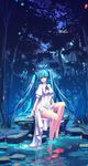  blue_eyes blue_hair character_name erkelee forest hatsune_miku highres long_hair nature sitting soaking_feet solo twintails vocaloid water wrist_cuffs 