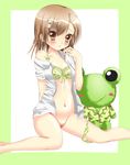  absurdres amagami_rukichi animal_print blush bow bow_bra bra brown_eyes brown_hair frog_panties frog_print gekota green_bra green_panties hair_ornament hairpin highres misaka_mikoto open_clothes open_shirt panties panties_around_one_leg print_bra print_panties pussy shirt solo to_aru_kagaku_no_railgun to_aru_majutsu_no_index uncensored underwear 