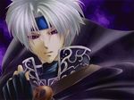  blue_eyes blue_headband cape chona expressionless fingerless_gloves gloves headband madou_monogatari male_focus mosaic_background purple_background puyopuyo schezo_wegey solo white_hair 