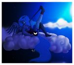 anthrofied blue_eyes blue_fur blue_hair breasts censored clothing cloud corset crown cutie_mark detailed_background equine female friendship_is_magic fur hair horn horse looking_at_viewer mammal ms-seven0 my_little_pony necklace pony princess_luna_(mlp) raised_leg reclining sky smile socks solo stars winged_unicorn wings 