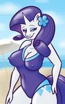  anthro anthrofied anz beach beach_umbrella blue_eyes cleavage clothed clothing cutie_mark equine eyeshadow female flower friendship_is_magic fur hair horn horse makeup mammal my_little_pony one-piece_swimsuit pony purple_hair rarity_(mlp) seaside solo swimsuit umbrella unicorn water white_fur 