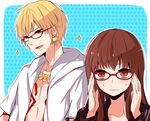  1girl bad_id bad_pixiv_id bespectacled blonde_hair brown_eyes brown_hair fate/extra fate/extra_ccc fate_(series) gilgamesh glasses hood hoodie kishinami_hakuno_(female) long_hair necktie red-framed_eyewear red_eyes sparkle tattoo umiusi 