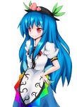  blue_hair blush bow food fruit hand_on_hip hat highres hinanawi_tenshi krace long_hair peach red_eyes smile solo touhou transparent_background very_long_hair 