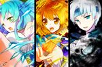  2girls :o aqua_eyes arle_nadja blue_hair blue_headband cocoa77 column_lineup fire green_eyes half_updo headband long_hair madou_monogatari multiple_girls open_mouth orange_eyes orange_hair puyopuyo rulue_(puyopuyo) schezo_wegey short_hair white_hair 