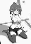  blush breasts cleavage condom condom_in_mouth dress_shirt greyscale highres krace large_breasts looking_at_viewer monochrome mouth_hold no_bra pointy_ears shameimaru_aya shirt short_hair sitting skirt smile solo thighhighs touhou wariza 