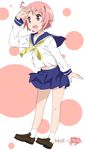  :d hand_on_forehead loafers midriff mizuki_makoto navel nonohara_yuzuko open_mouth pink_eyes pink_hair pleated_skirt school_uniform school_uniform_(yuyushiki) serafuku shoes short_hair skirt smile socks solo white_legwear yuyushiki 