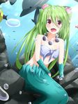  blush breasts clam cleavage dolphin fish green_hair hair_ornament highres jewelry long_hair medium_breasts mermaid monster_girl muromi-san namiuchigiwa_no_muromi-san necklace open_mouth red_eyes seashell shell sitting twintails two_side_up underwater very_long_hair warabi_mochi_(ehimedaisuki) 