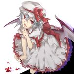  bat_wings blood blue_hair fang finger_to_mouth hat hat_ribbon iebon-gogo8 kneeling looking_at_viewer mob_cap open_mouth puffy_short_sleeves puffy_sleeves red_eyes remilia_scarlet ribbon sash shadow short_hair short_sleeves simple_background skirt skirt_set solo touhou white_background wings 