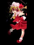  aki_(akikaze_asparagus) blonde_hair fang flandre_scarlet hat hat_ribbon outstretched_hand red_eyes ribbon shaded_face side_ponytail solo touhou wings 