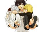  bags_under_eyes black_eyes black_hair blonde_hair carrying chocolate death_note food kyakya l_(death_note) male_focus mello multiple_boys near white_hair 