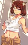  adriana_visconti animal_ears bare_shoulders breasts caracal_ears em gloves grey_gloves large_breasts looking_at_viewer midriff navel noble_witches purple_eyes red_hair short_hair smile solo tank_top world_witches_series 