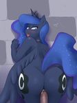  2013 anthro big_butt black_feathers black_skin blue_eyes blue_hair butt collar crown cum devo87 feathers female friendship_is_magic glittering_hair hair hi_res horn long_hair looking_at_viewer looking_back my_little_pony nude open_mouth presenting presenting_hindquarters princess_luna_(mlp) pussy_juice solo standing sweat thighs wide_hips wings 
