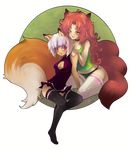 animal_ears anthro canine cleavage clothed clothing cute duo female fox legwear liea mammal plain_background red_eyes smile stockings transparent_background yellow_eyes 