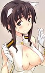  alternate_costume animal_ears areolae black_eyes breasts brown_hair cleavage cleavage_cutout em gloves large_breasts looking_at_viewer solo strike_witches sweatdrop takei_junko world_witches_series wrist_cuffs 