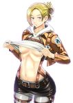  annie_leonhardt areola_slip areolae bad_id bad_pixiv_id blonde_hair blue_eyes breasts buckle cov-r emblem hood hoodie jacket medium_breasts military_police_brigade_(emblem) navel pants paradis_military_uniform parted_lips shingeki_no_kyojin shirt_lift short_hair simple_background solo stomach suspenders underboob white_background 