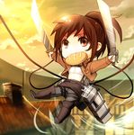  belt bloodink boots bread brown_eyes brown_hair chibi chimney dual_wielding food holding jacket mouth_hold paradis_military_uniform ponytail sasha_braus shingeki_no_kyojin solo sword three-dimensional_maneuver_gear weapon 