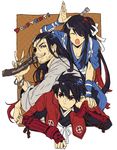  androgynous black_hair drifters ebira eyepatch grin gun hair_ribbon long_hair male_focus multiple_boys nasu_no_yoichi oda_nobunaga_(drifters) ponytail red_eyes ribbon shimazu_toyohisa short_hair smile weapon 