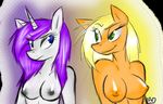 abstract_background anthro anthrofied applejack applejack_(mlp) big_breasts blonde_hair blue_eyes blup bluppa breasts duo earth_pony equine eye_contact female friendship_is_magic green_eyes hair horn horse mammal my_little_pony nipples nude orange_body pony purple_hair rarity rarity_(mlp) shiny short_hair smile smirk unicorn white_body 
