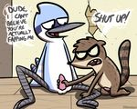  anthro avian balls beak bird blue_feathers blue_jay brown_fur duo feathers fur gay handjob hands inside interspecies male mammal mordecai open_mouth penis pokehidden raccoon raised_tail regular_show rigby ringed_tail sex spread_legs spreading teeth text tongue 