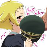  blonde_hair blush brown_eyes covering covering_mouth crab_club erwin erwin_(girls_und_panzer) fellatio girls_und_panzer hat kani_club looking_at_viewer military_hat oral penis school_uniform translation_request 