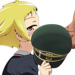  blonde_hair blush brown_eyes covering covering_mouth crab_club erwin erwin_(girls_und_panzer) fellatio girls_und_panzer hat kani_club looking_at_viewer military_hat oral penis school_uniform 
