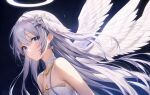  1girl absurdres angel_wings armpit_crease bare_shoulders blue_eyes choker closed_mouth earrings expressionless feathered_wings flower hair_flower hair_ornament head_wings highres jewelry long_hair looking_at_viewer original ouko solo strapless upper_body very_long_hair white_choker white_hair wings 