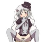  1girl blush bridal_veil censored cum cum_in_pussy finger_to_mouth grey_hair hat kanna_asumi looking_at_viewer mahou_shoujo_madoka_magica nayo_(acgin) pussy sayaka_miki sex solo_focus spread_legs veil 