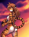  2016 anthro bikini blush breasts brown_hair butt clothed clothing cloud detailed_background feline female flora_(twokinds) fur hair hi_res keidran long_hair looking_at_viewer looking_back mammal open_mouth orange_fur outside pink_nose rear_view sageofotherworlds side_boob signature skimpy sky sling_bikini solo striped_fur stripes swimsuit tiger twokinds webcomic yellow_eyes 