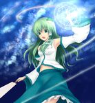  blue_background cala_(artist) decagram detached_sleeves green_hair kochiya_sanae long_hair magic_circle solo touhou 