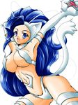  animal_ears big_hair blue_eyes blue_hair breasts cat_ears cat_tail fang felicia fur large_breasts long_hair looking_back paws saionji_lettuce solo tail vampire_(game) 