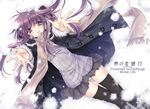  arms_up black_legwear coat copyright_request long_hair lying miniskirt panties pantyshot pantyshot_(lying) purple_eyes purple_hair ryuuga_shou scarf skirt smile snow solo thighhighs underwear 