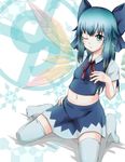  1girl bad_id bad_pixiv_id blue_eyes blue_hair cirno crost midriff navel one_eye_closed solo thighhighs touhou wings 