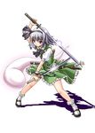  black_hairband blue_eyes dual_wielding hairband hitodama holding katana konpaku_youmu konpaku_youmu_(ghost) kouno_iku ribbon shoes silver_hair skirt socks solo sword touhou weapon 