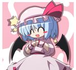  :d ^_^ bat_wings blue_hair blush_stickers closed_eyes hat oka_(bananashoe) open_mouth remilia_scarlet short_hair smile solo star touhou wings wrist_cuffs 