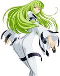  ass bodysuit c.c. code_geass green_hair highres kimura_takahiro long_hair long_legs solo transparent_background vector_trace white_bodysuit yellow_eyes 