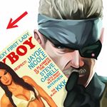  artist_request english eyepatch facial_hair gloves headband magazine male_focus metal_gear_(series) metal_gear_solid mustache old_snake parody playboy solid_snake solo white_hair 